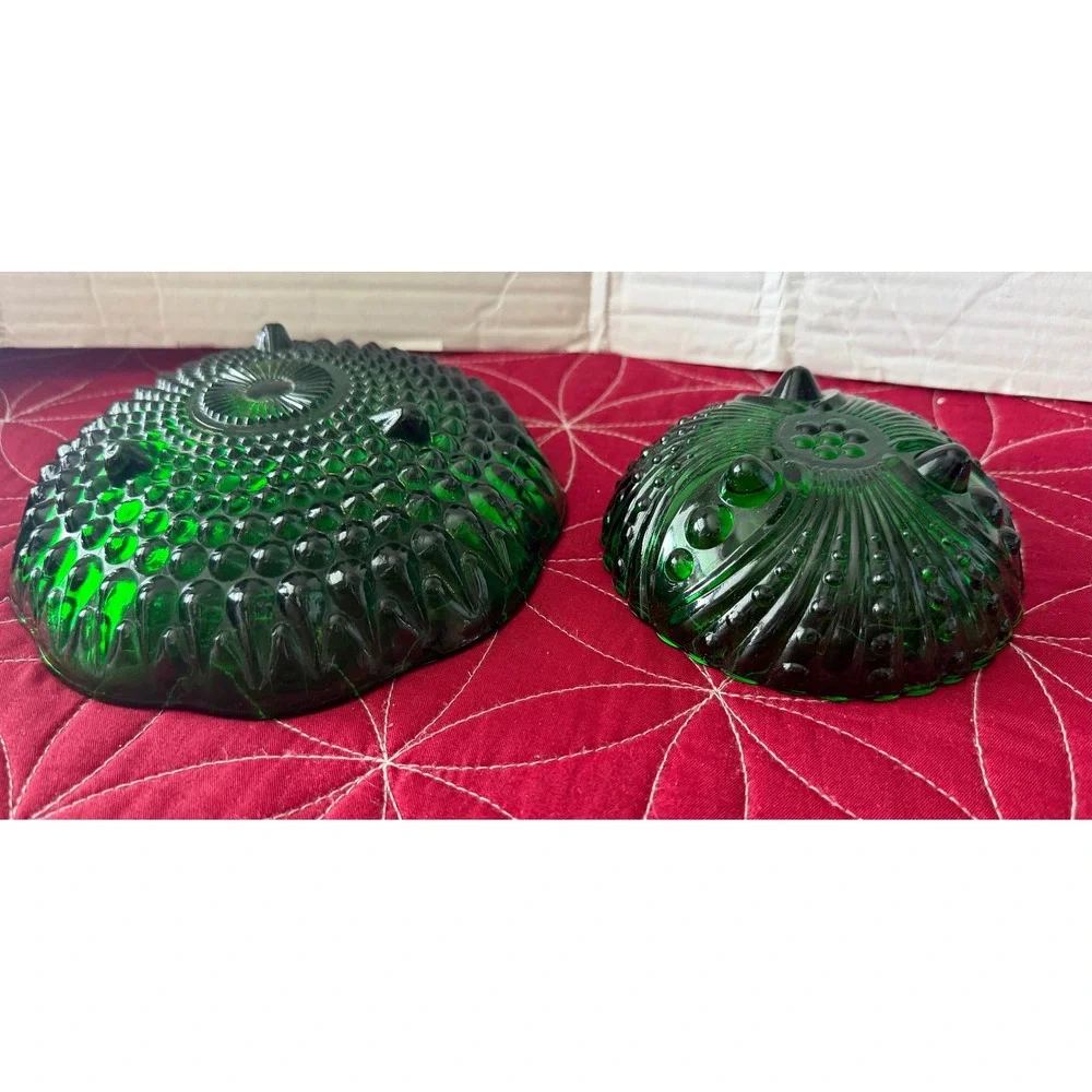 Vintage Emerald Green Glass Bowl Set Hobnail and Grape Pattern Footed Dishes